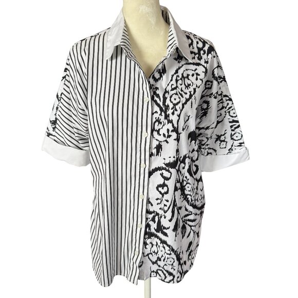 Chico's black and white striped and floral short sleeve button down shirt size 1 - Picture 1 of 9